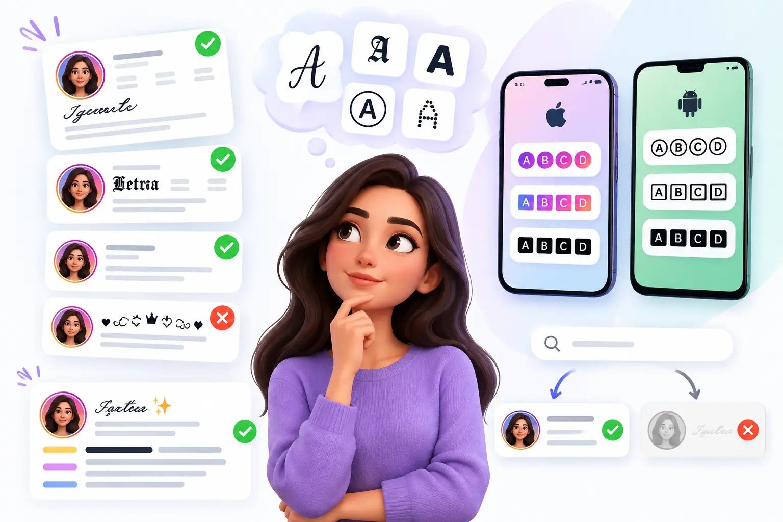 Cartões de perfil com nomes em estilos diferentes, um iPhone e um Android exibindo os mesmos estilos com aparência distinta, e uma busca que encontra o nome em letra comum e não encontra o mesmo nome em cursiva.
