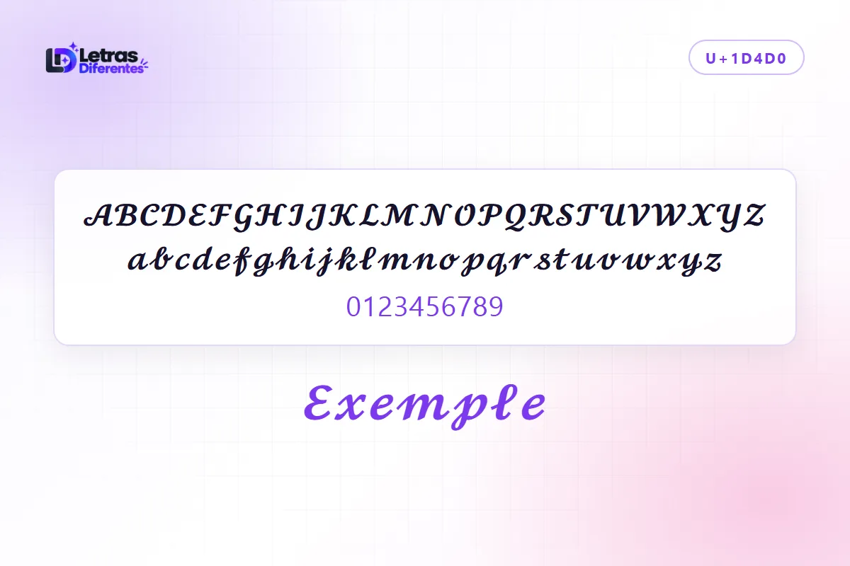 Alphabet complet en écriture cursive, majuscules, minuscules et chiffres, avec le mot Exemple converti dans le même style.