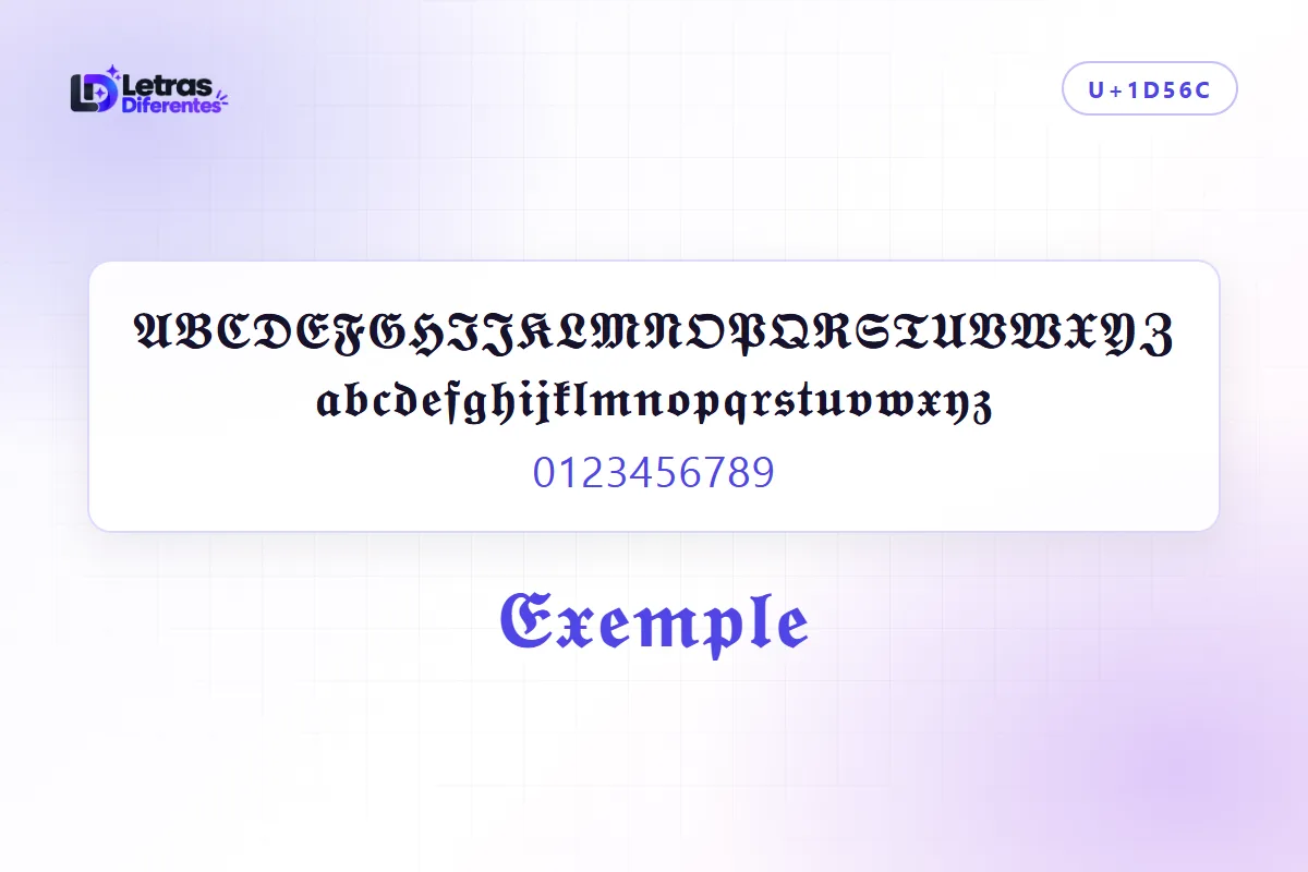 Alphabet complet en écriture gothique Fraktur, majuscules, minuscules et chiffres ordinaires, avec le mot Exemple converti dans le même style.
