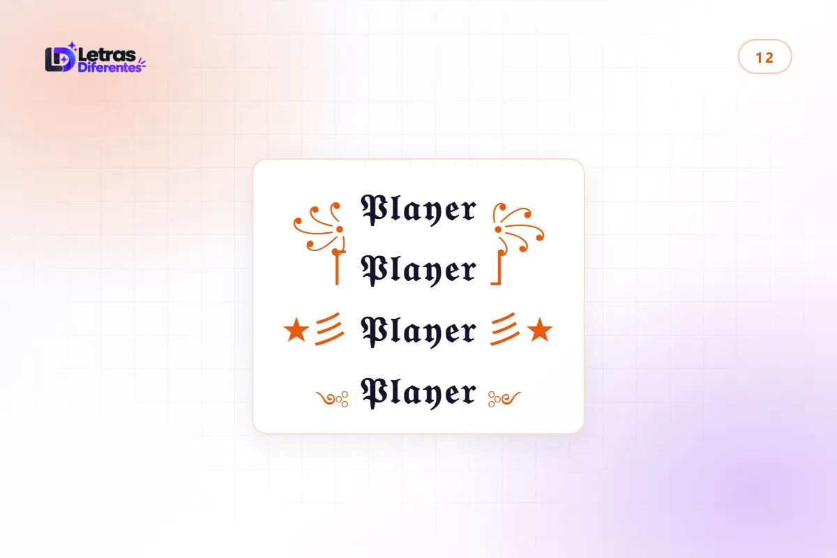 Quatro molduras de nick com o mesmo nome em letras góticas dentro de cada uma, do par de colchetes simples ao ornamento javanês.