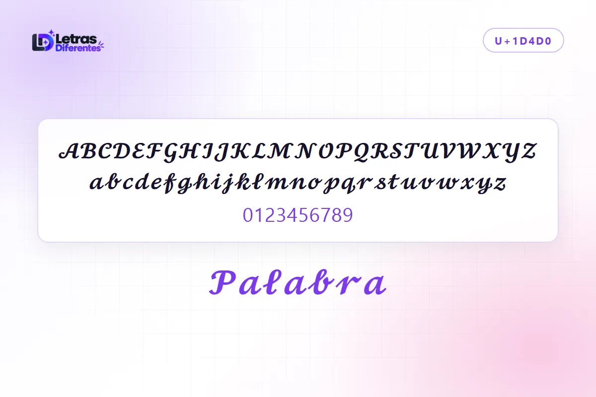 Alfabeto completo en letras cursivas, con mayúsculas, minúsculas y cifras, y la palabra Palabra convertida en el mismo estilo.
