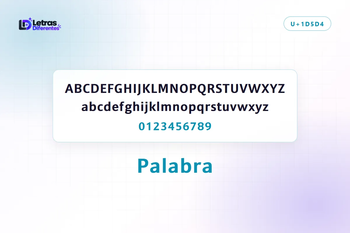 Alfabeto completo en letras en negrita sans serif, con mayúsculas, minúsculas y cifras propias, y la palabra Palabra convertida en el mismo estilo.