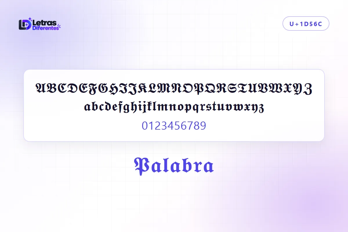 Alfabeto completo en letras góticas Fraktur, con mayúsculas, minúsculas y las cifras normales, y la palabra Palabra convertida en el mismo estilo.