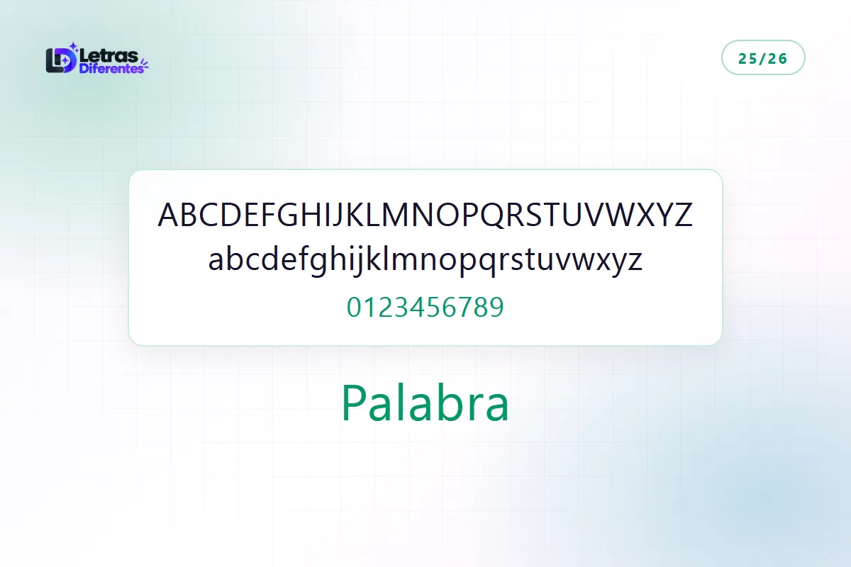 Alfabeto completo en letras pequeñas versalitas, con mayúsculas, minúsculas y cifras, y la palabra Palabra convertida en el mismo estilo.