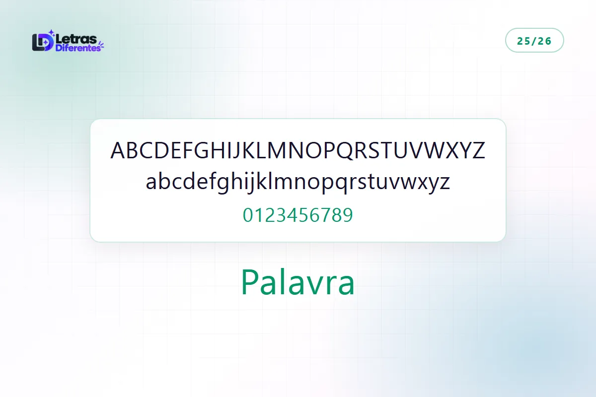 Alfabeto completo em letras pequenas, com maiúsculas, minúsculas e algarismos, e a palavra Palavra convertida no mesmo estilo.